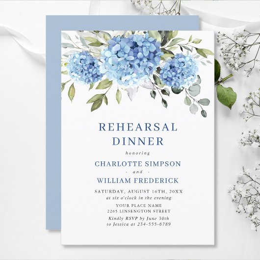 Elegant Waterverf Blue Hydrangea Rehearsal Dinner Kaart