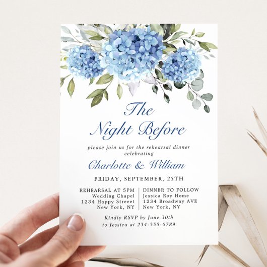 Elegant Waterverf Blue Hydrangea Rehearsal Dinner Kaart