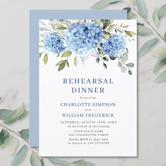 Elegant Waterverf Blue Hydrangea Rehearsal Dinner Kaart