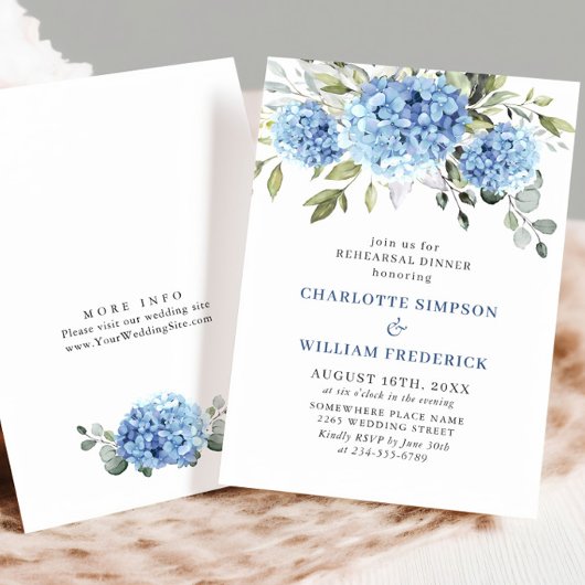 Elegant Waterverf Blue Hydrangea Rehearsal Dinner Kaart