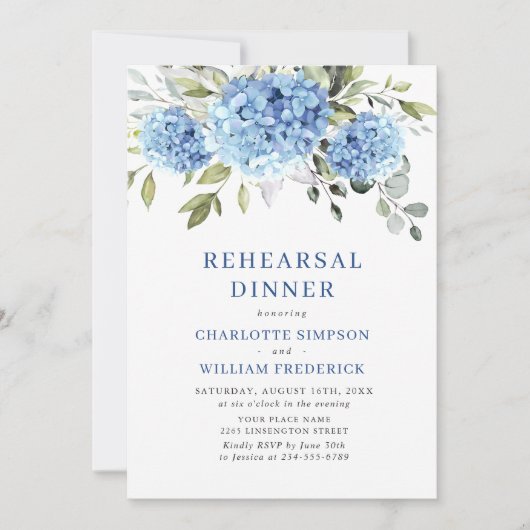 Elegant Waterverf Blue Hydrangea Rehearsal Dinner Kaart (Voorkant)