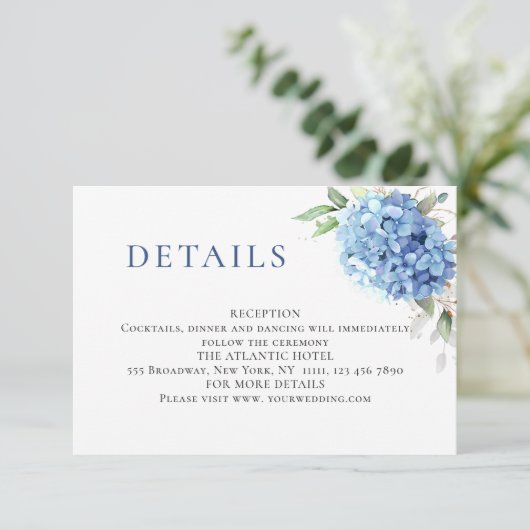 Elegant Waterverf Blue Hydrangea Wedding Details Informatiekaartje (Staand voorkant)