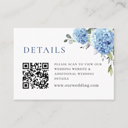 Elegant Waterverf Blue Hydrangea Wedding Details Informatiekaartje (Voorkant)