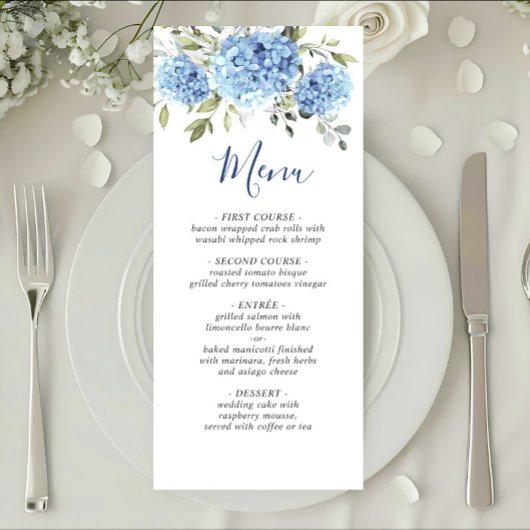 Elegant Waterverf Blue Hydrangea Wedding Menu