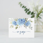 Elegant Waterverf Blue Hydrangea Wedding RSVP Briefkaart (Staand voorkant)