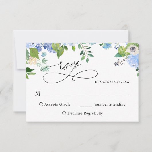 Elegant Waterverf Blue Hydrangea Wedding RSVP Kaartje (Voorkant)