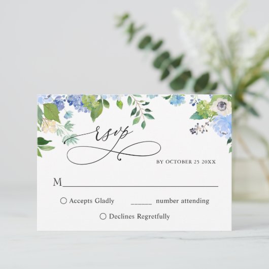 Elegant Waterverf Blue Hydrangea Wedding RSVP Kaartje (Staand voorkant)