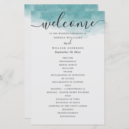 Elegant waterverf blue-nautische bruiloft programm (Voorkant / Achterkant)