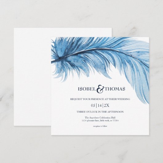 Elegant Waterverf Blue Navy Feather Wedding Kaart (Voorkant / Achterkant)