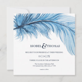 Elegant Waterverf Blue Navy Feather Wedding Kaart