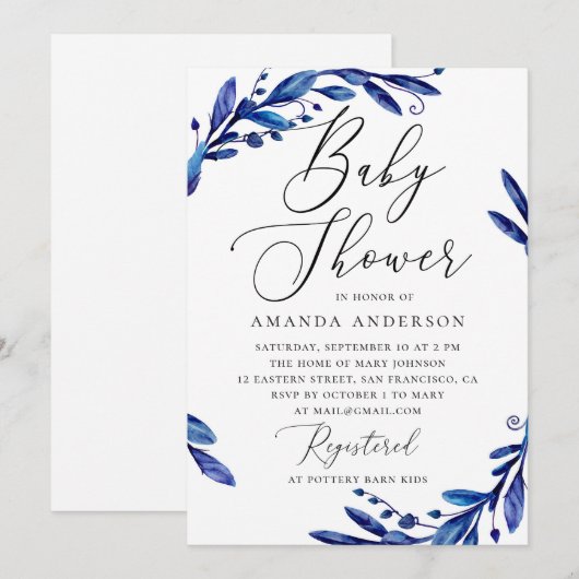 Elegant waterverf blue navy floral baby shower kaart (Voorkant / Achterkant)