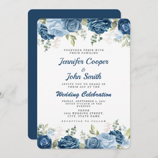 Elegant Waterverf Blue Rozen Floral Wedding Kaart (Voorkant / Achterkant)