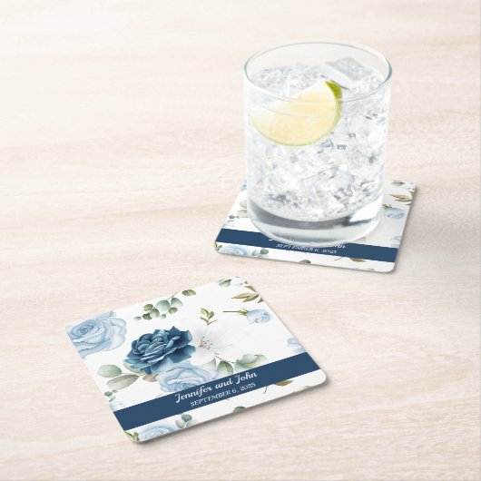 Elegant Waterverf Blue Rozen Floral Wedding Kartonnen Onderzetters (Insitu)