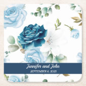 Elegant Waterverf Blue Rozen Floral Wedding Kartonnen Onderzetters (Voorkant)