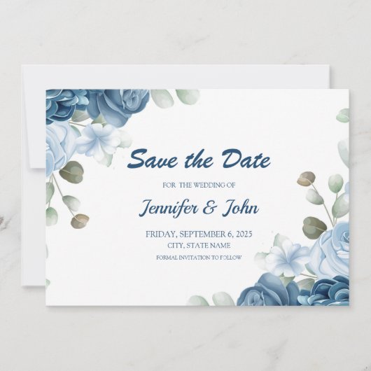 Elegant Waterverf Blue Rozen Floral Wedding Save The Date (Voorkant)