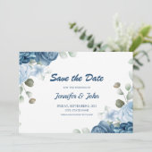 Elegant Waterverf Blue Rozen Floral Wedding Save The Date (Staand voorkant)