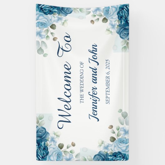 Elegant Waterverf Blue Rozen Floral Wedding Spandoek (Verticaal)