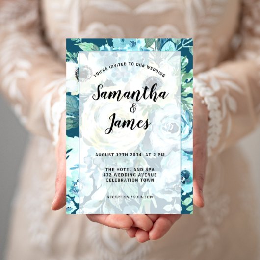 Elegant Waterverf Blue White Floral, bruiloft Kaart