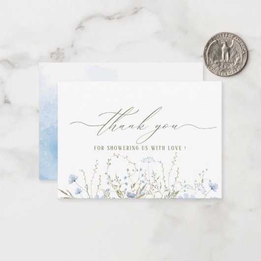 Elegant Waterverf Blue Wildflower Baby shower Notitiekaartje (Voorkant / Achterkant in situ)