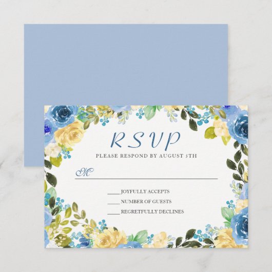 Elegant Waterverf Blue Yellow Floral met RSVP (Voorkant / Achterkant)