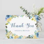 Elegant Waterverf Blue Yellow Rose Garden Weddensc Bedankkaart (Staand voorkant)