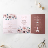 Elegant Waterverf Blush Dusty Roos Floral Wedding Drieluik Uitnodiging (Binnen)