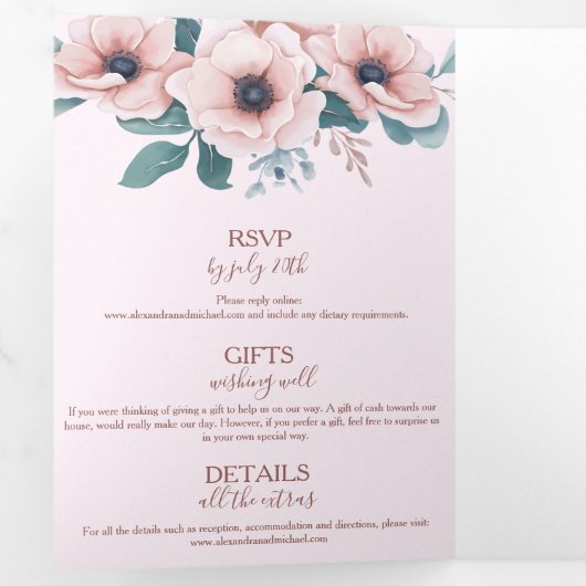 Elegant Waterverf Blush Dusty Roos Floral Wedding Drieluik Uitnodiging (Binnenzijde eerst)