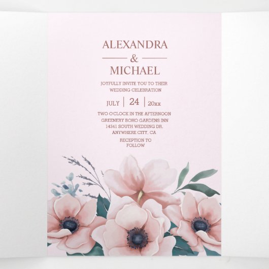 Elegant Waterverf Blush Dusty Roos Floral Wedding Drieluik Uitnodiging (Binnenkant midden)