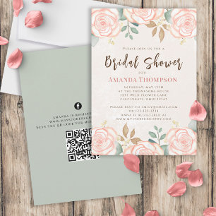 Elegant Waterverf Blush Floral Foliage QR-code Kaart