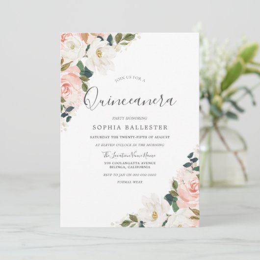 Elegant Waterverf Blush Floral Leaf Quinceanera Kaart (Staand voorkant)