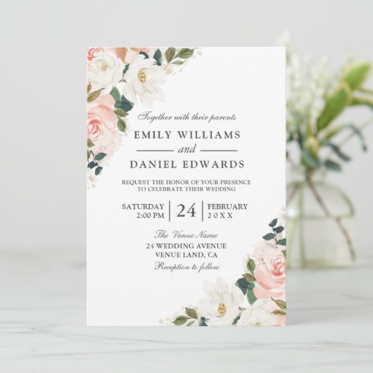 Elegant Waterverf Blush Floral Leaf Wedding Kaart (Staand voorkant)