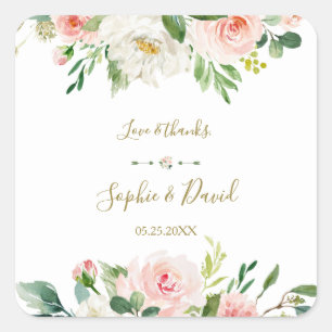Elegant Waterverf Blush Flowers Gold Wedding Vierkante Sticker