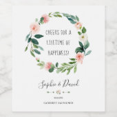 Elegant Waterverf Blush Flowers Wreatding Wedding Wijn Etiket (Enkel label)