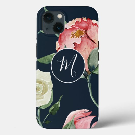 Elegant Waterverf Blush Navy Monogrammed Floral Case-Mate iPhone Case (Achterkant)