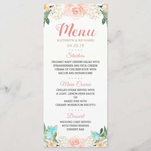 Elegant Waterverf Blush Peach Floral Wedding Menu (Voorkant)