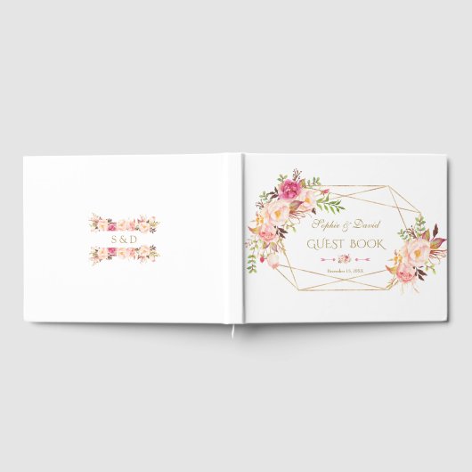 Elegant Waterverf Blush Pink Floral Gold Wedding Gastenboek (Volledig)