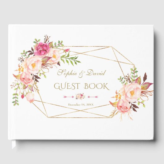 Elegant Waterverf Blush Pink Floral Gold Wedding Gastenboek (Voorkant)