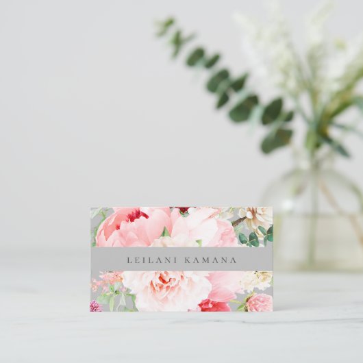 Elegant Waterverf Blush Pink Floral Silver Grey Visitekaartje (Staand voorkant)