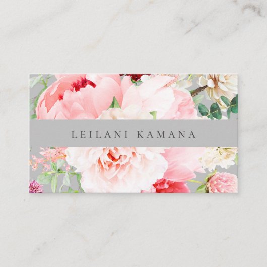 Elegant Waterverf Blush Pink Floral Silver Grey Visitekaartje (Voorkant)