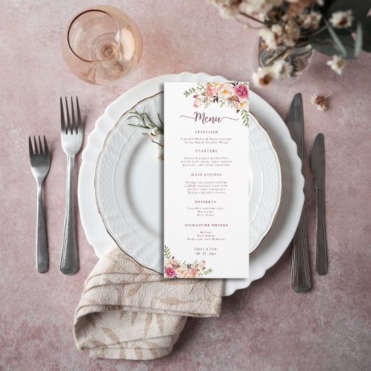 Elegant Waterverf Blush Pink Floral Wedding Menu