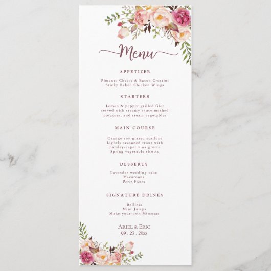 Elegant Waterverf Blush Pink Floral Wedding Menu (Voorkant)