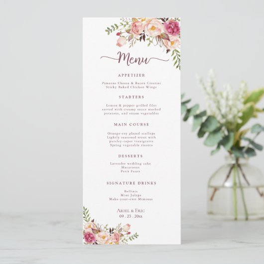 Elegant Waterverf Blush Pink Floral Wedding Menu (Staand voorkant)