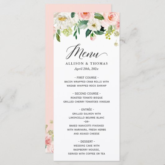Elegant Waterverf Blush Pink Floral Wedding Menu (Voorkant / Achterkant)
