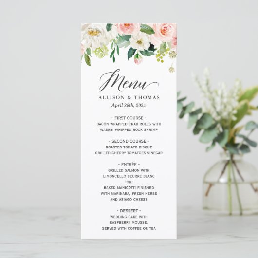 Elegant Waterverf Blush Pink Floral Wedding Menu (Staand voorkant)