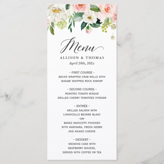 Elegant Waterverf Blush Pink Floral Wedding Menu (Voorkant)