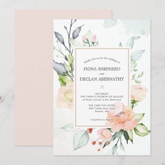 Elegant Waterverf Blush Pink Floral Wedding Uitnod Kaart (Voorkant / Achterkant)