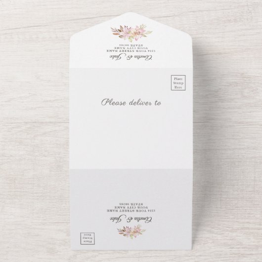 Elegant Waterverf Blush Pink Lilies Wedding All In One Uitnodiging (Buitenkant)