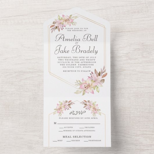 Elegant Waterverf Blush Pink Lilies Wedding All In One Uitnodiging (Binnen)