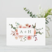 Elegant Waterverf Blush Pink Roses Monogram Bedankkaart (Staand voorkant)