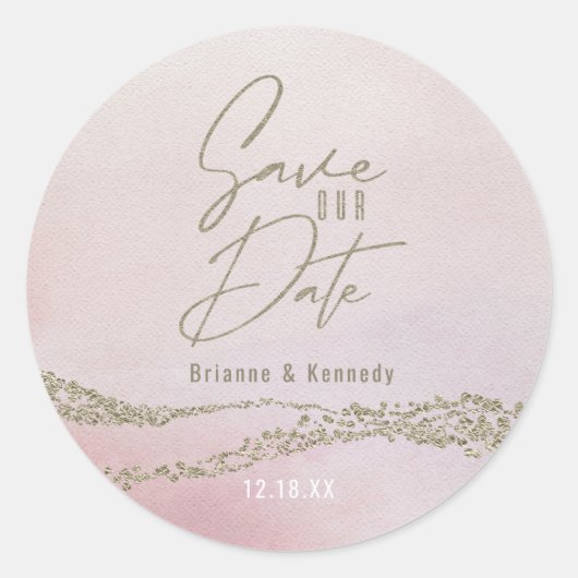 Elegant Waterverf Blush roze & Gold Save the Date Ronde Sticker (Voorkant)